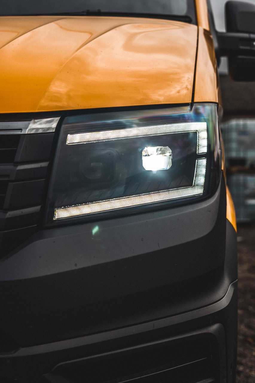 VW Crafter / MAN TGE LED DRL Headlights with Sequential Indicators – BLACK (2017-current) WITH LED DIP AND MAIN BEAM BULBS