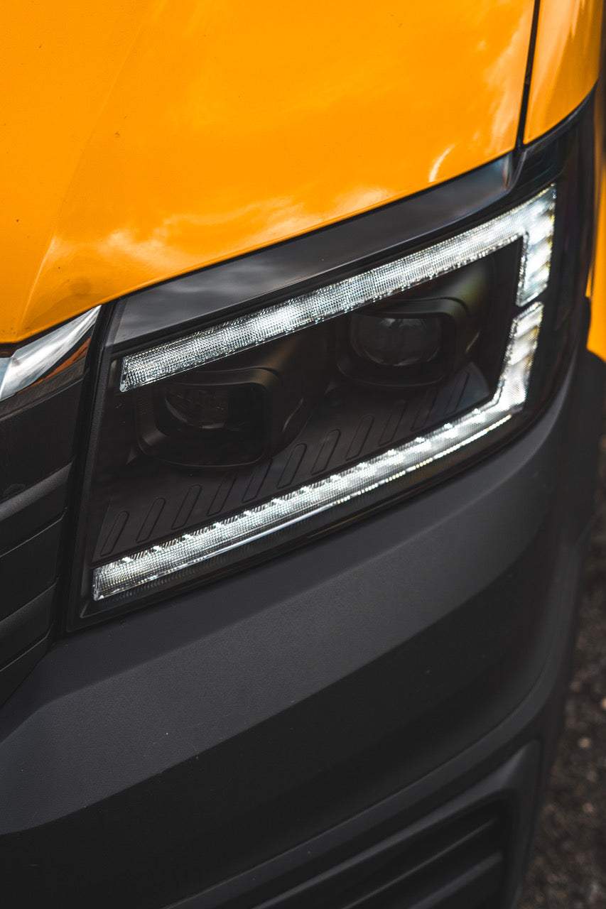 VW Crafter / MAN TGE LED DRL Headlights with Sequential Indicators – BLACK (2017-current) WITH LED DIP AND MAIN BEAM BULBS