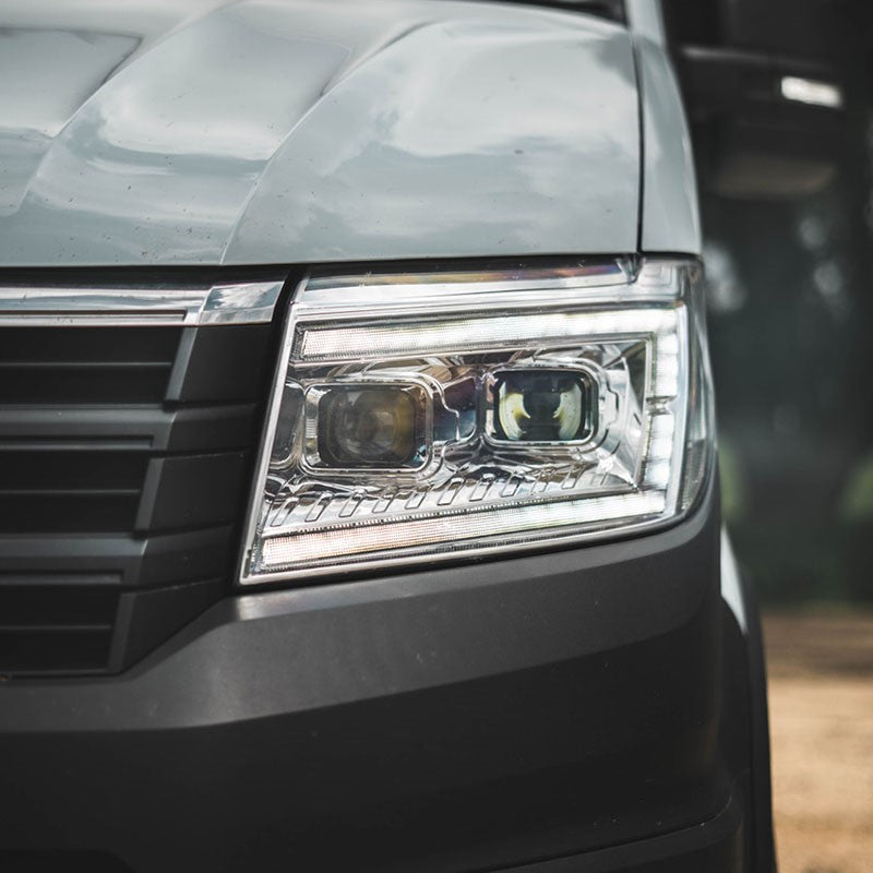 VW Crafter / MAN TGE LED DRL Headlights with Sequential Indicators – BLACK (2017-current) WITH LED DIP AND MAIN BEAM BULBS